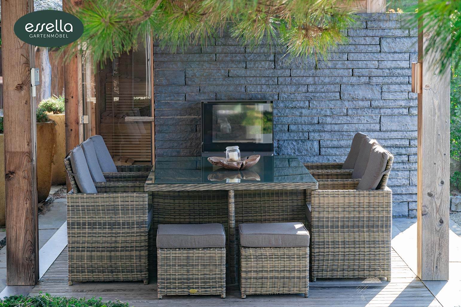 Polyrattan Sitzgruppe Vienna 6-Personen Halbrundgeflecht mit Glasplatte Essella-Markenshop