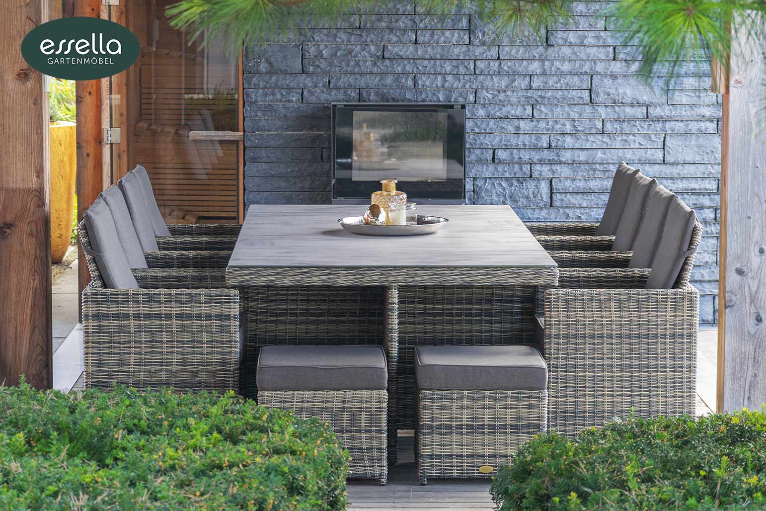 Polyrattan Sitzgruppe Vienna 8-Personen Halbrundgeflecht Glasplatte mit Keramikoptik Essella-Markenshop