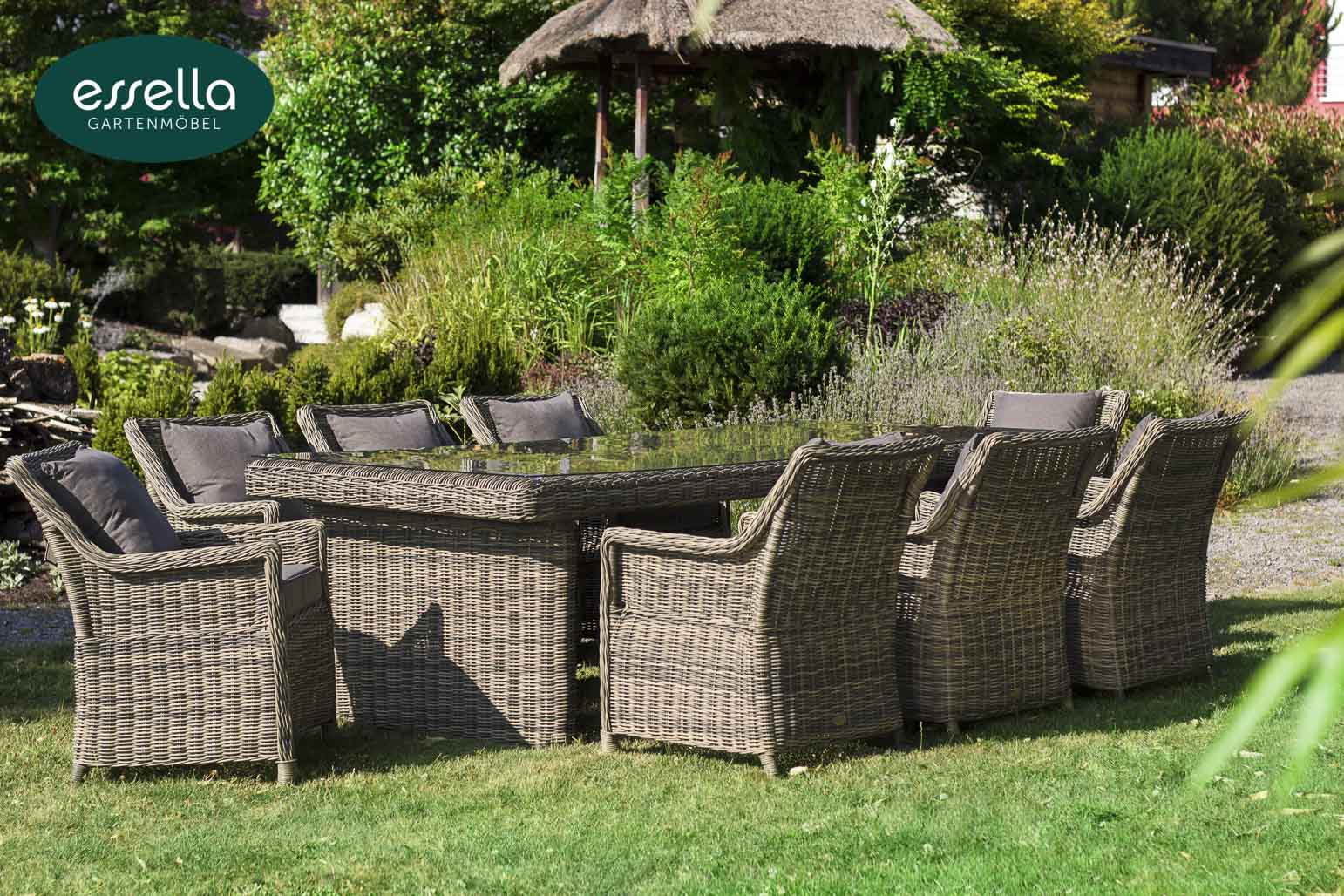 Polyrattan Sitzgruppe Dubai 8-Personen Rundgeflecht Essella-Markenshop