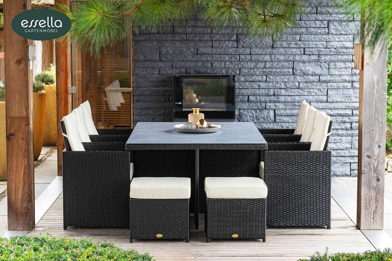 Polyrattan Sitzgruppe Vienna 6-Personen Flachgeflecht Glasplatte mit Keramikoptik Essella-Markenshop