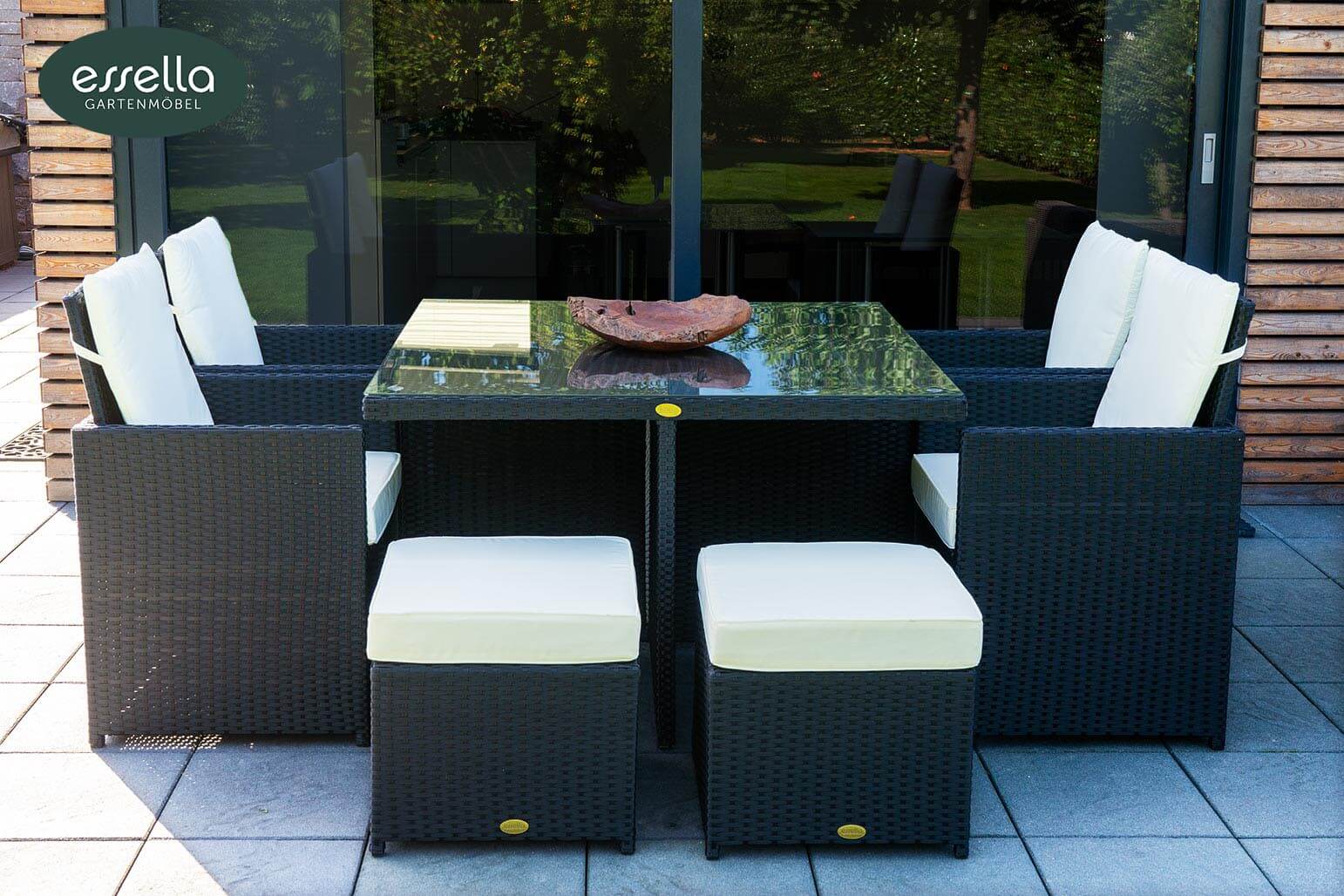 Polyrattan Sitzgruppe Vienna 4-Personen Flachgeflecht mit Glasplatte Essella-Markenshop