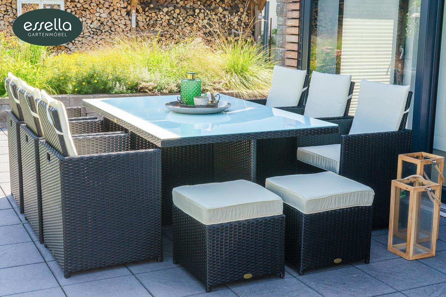 Polyrattan Sitzgruppe Vienna 6-Personen Flachgeflecht mit Glasplatte Essella-Markenshop