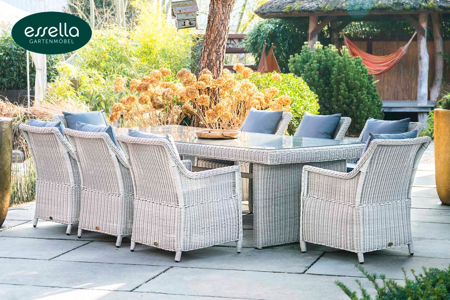 Polyrattan Sitzgruppe Dubai 8-Personen Rundgeflecht Essella-Markenshop