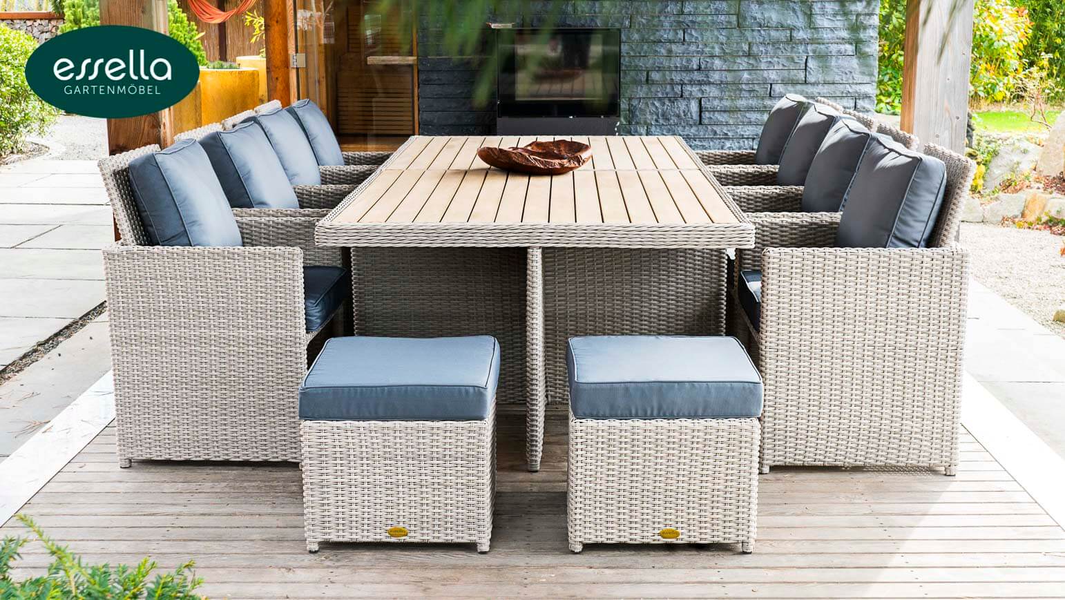 Polyrattan Sitzgruppe Vienna 8-Personen Polywood Rundgeflecht Essella-Markenshop
