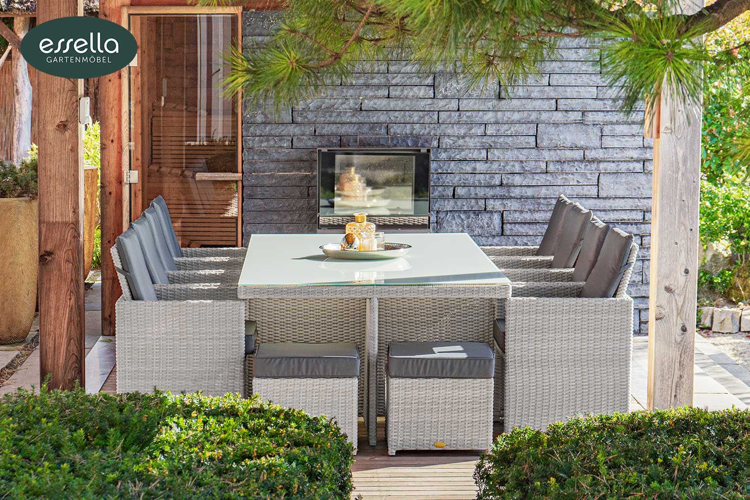 Polyrattan Sitzgruppe Vienna 8-Personen Halbrundgeflecht mit Glasplatte Essella-Markenshop