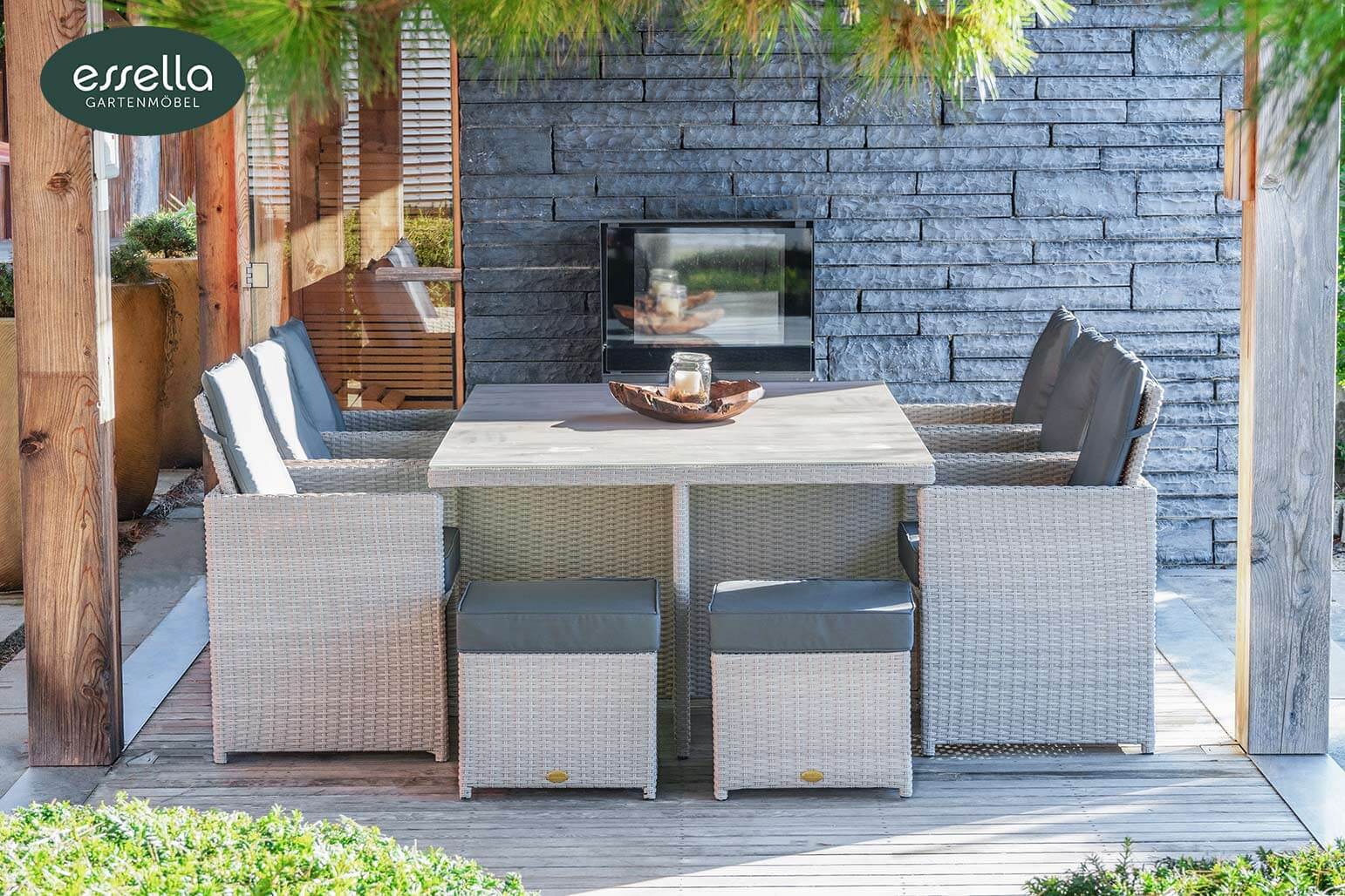 Polyrattan Sitzgruppe Vienna 6-Personen Halbrundgeflecht Glasplatte mit Keramikoptik Essella-Markenshop