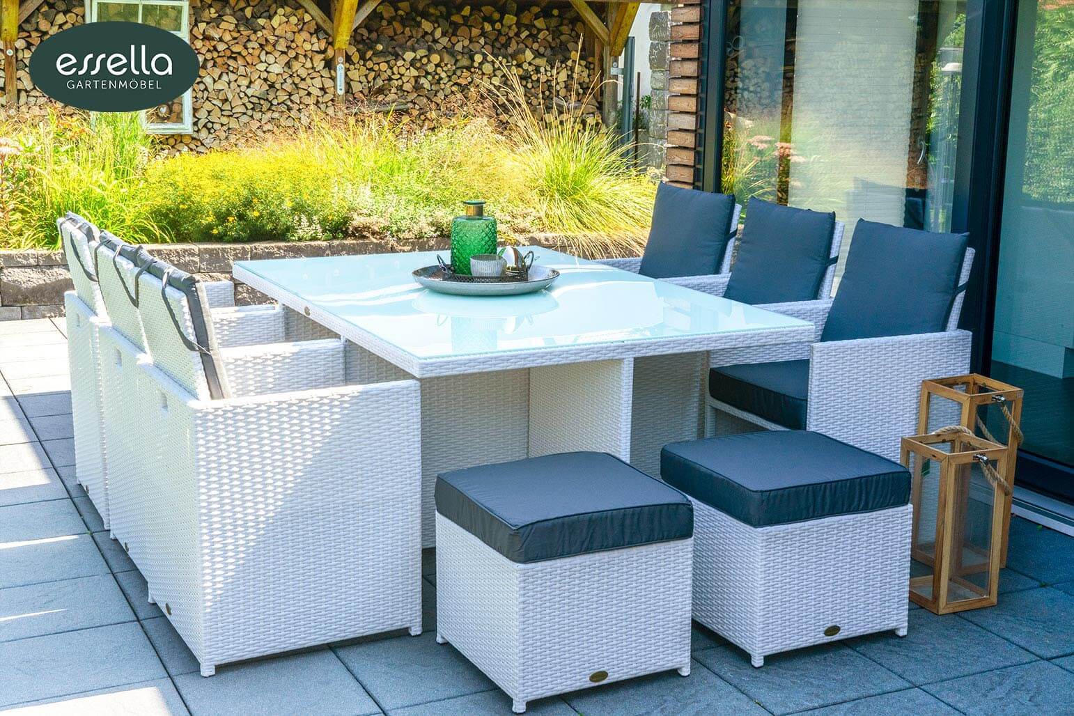 Polyrattan Sitzgruppe Vienna 6-Personen Flachgeflecht mit Glasplatte Essella-Markenshop