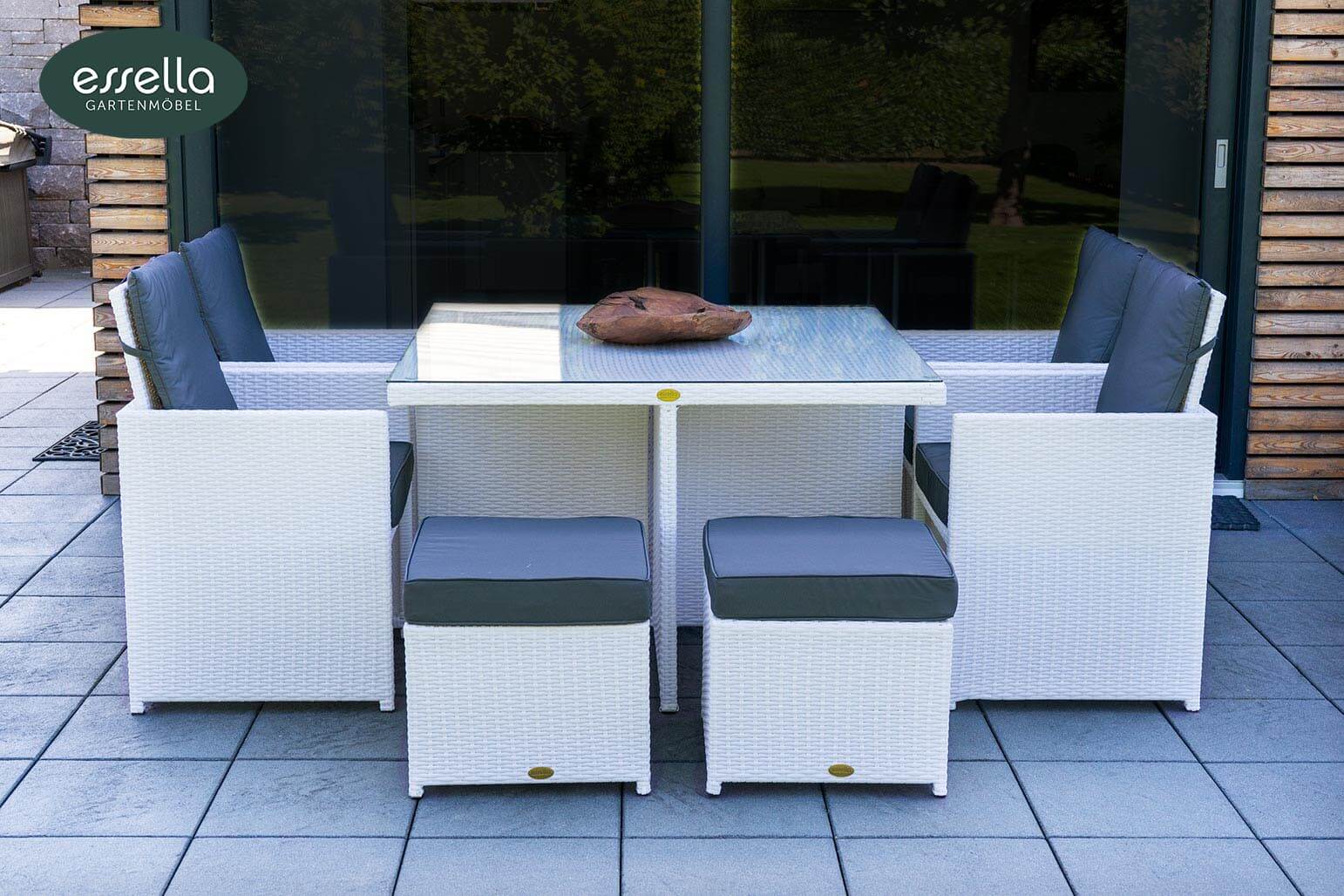 Polyrattan Sitzgruppe Vienna 4-Personen Flachgeflecht mit Glasplatte Essella-Markenshop