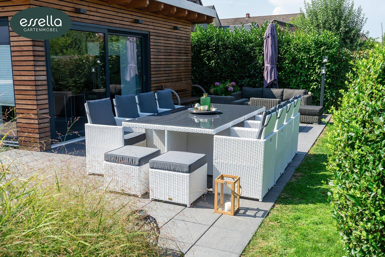Polyrattan Sitzgruppe Vienna 8-Personen Flachgeflecht mit Glasplatte Essella-Markenshop
