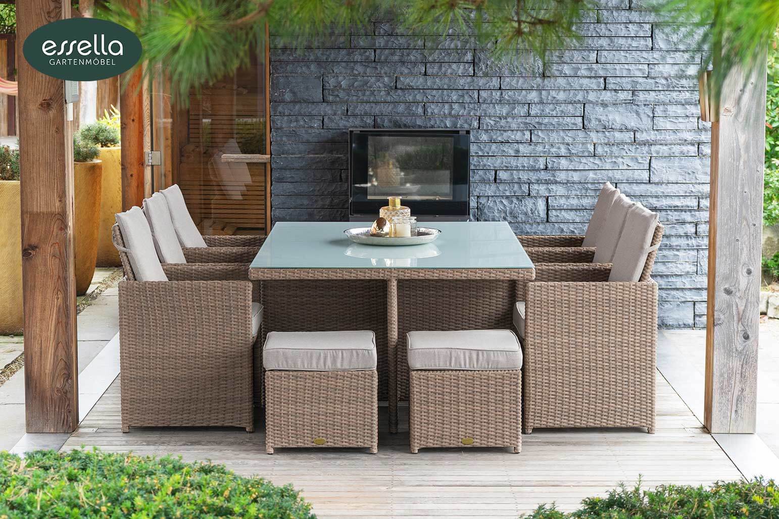 Polyrattan Sitzgruppe Vienna 6-Personen Halbrundgeflecht mit Glasplatte Essella-Markenshop
