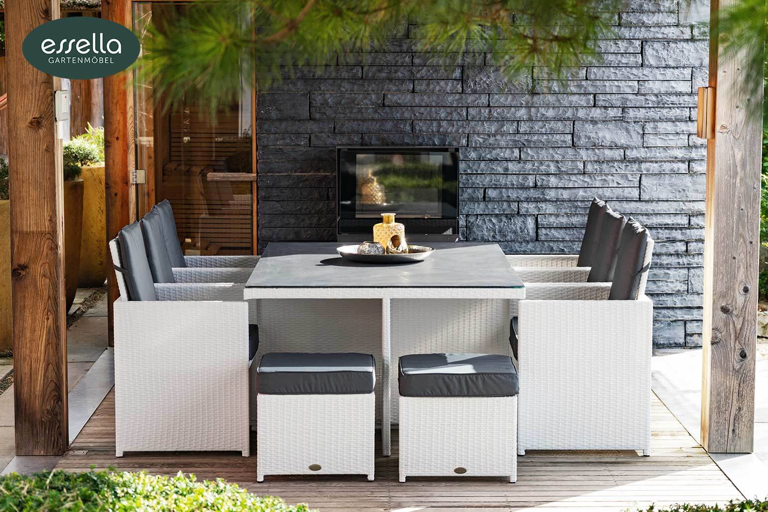 Polyrattan Sitzgruppe Vienna 6-Personen Flachgeflecht Glasplatte mit Keramikoptik Essella-Markenshop