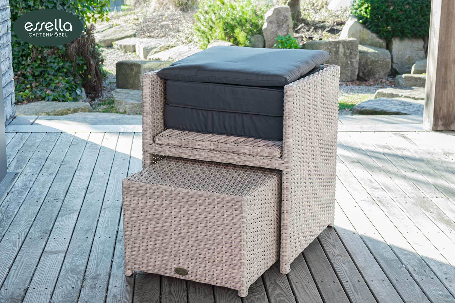 Polyrattan Sitzgruppe Vienna 6-Personen Halbrundgeflecht mit Glasplatte Essella-Markenshop