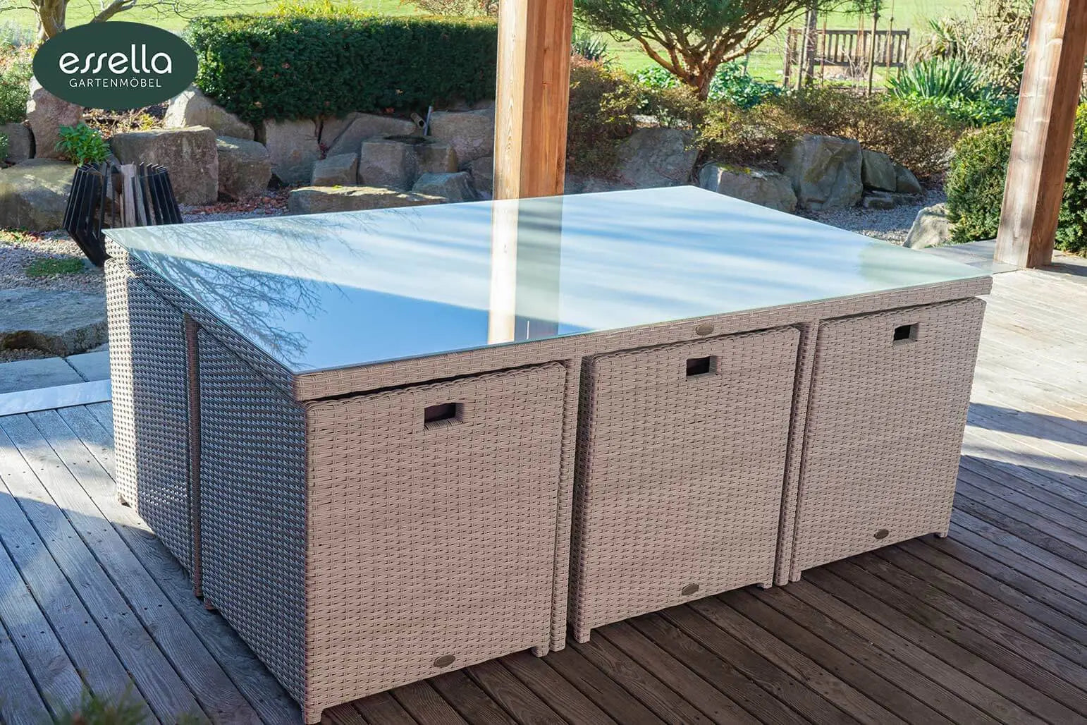 Polyrattan Sitzgruppe Vienna 6-Personen Halbrundgeflecht mit Glasplatte Essella-Markenshop