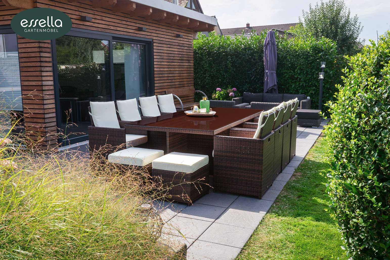 Polyrattan Sitzgruppe Vienna 8-Personen Flachgeflecht mit Glasplatte Essella-Markenshop