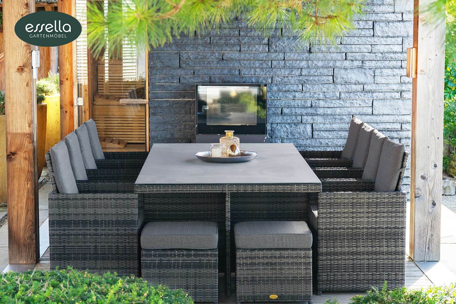 Polyrattan Sitzgruppe Vienna 8-Personen Flachgeflecht Glasplatte mit Keramikoptik Essella-Markenshop