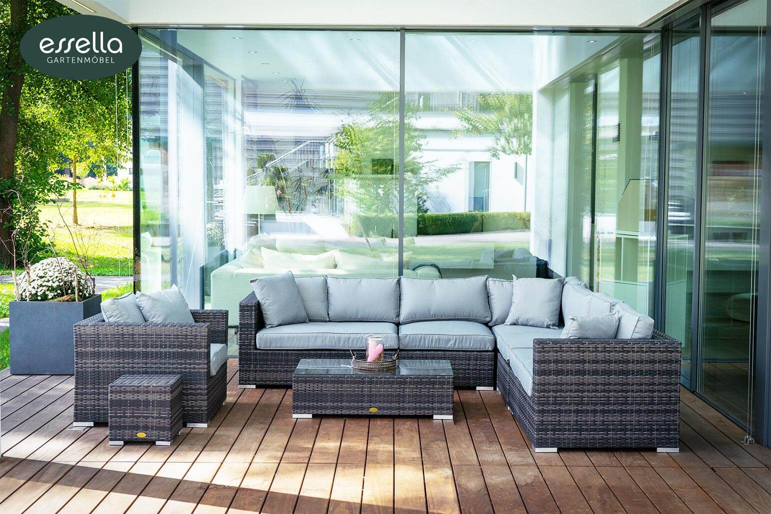 Polyrattan Lounge Miami 8-Personen Flachgeflecht Essella-Markenshop