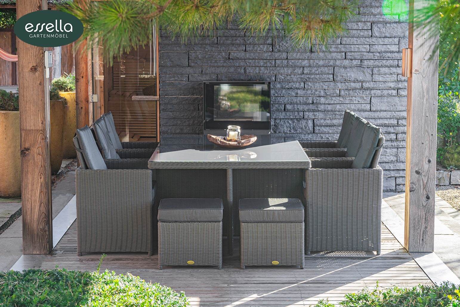 Polyrattan Sitzgruppe Vienna 6-Personen Halbrundgeflecht mit Glasplatte Essella-Markenshop